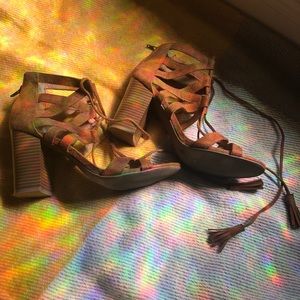 Beige/brown block heels